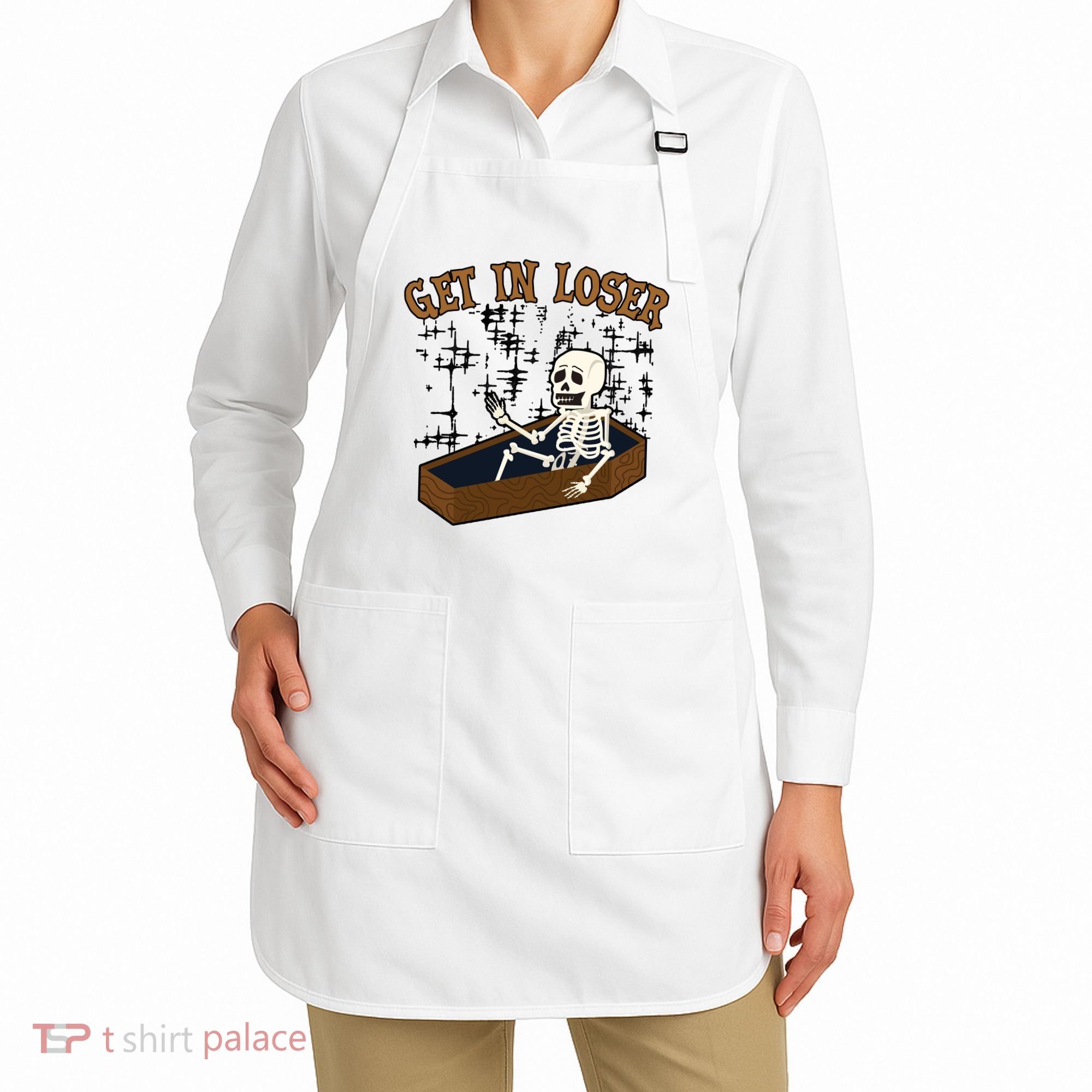 Get In Loser Funny Skeleton Halloween Apron