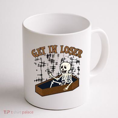 Get In Loser Funny Skeleton Halloween Coffee Mug back