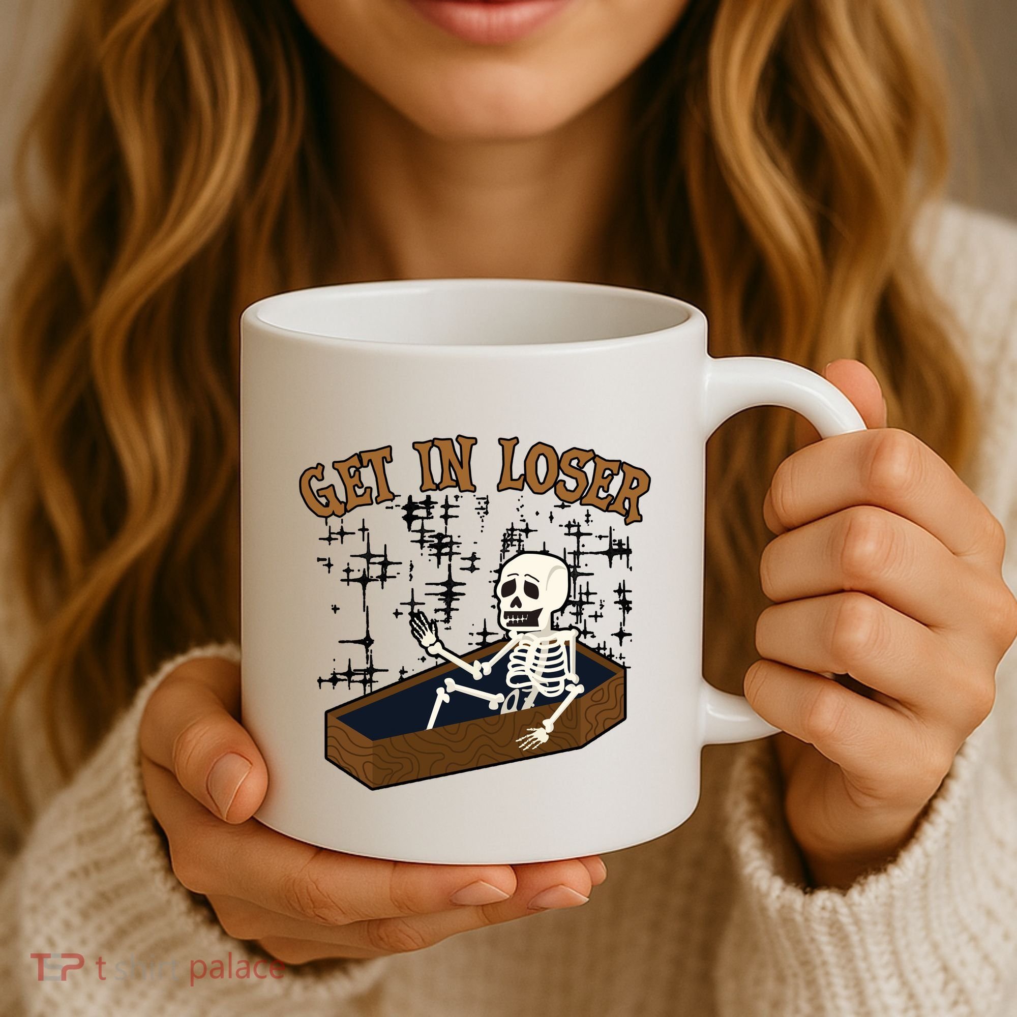 Get In Loser Funny Skeleton Halloween Coffee Mug