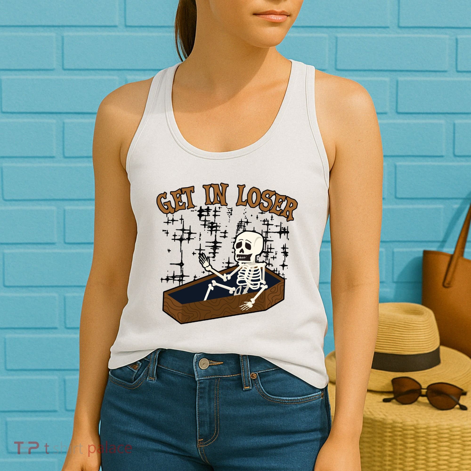 Get In Loser Funny Skeleton Halloween Women's Tank Top
