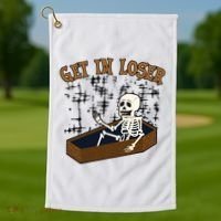 Get In Loser Funny Skeleton Halloween Golf Towel thumb 1