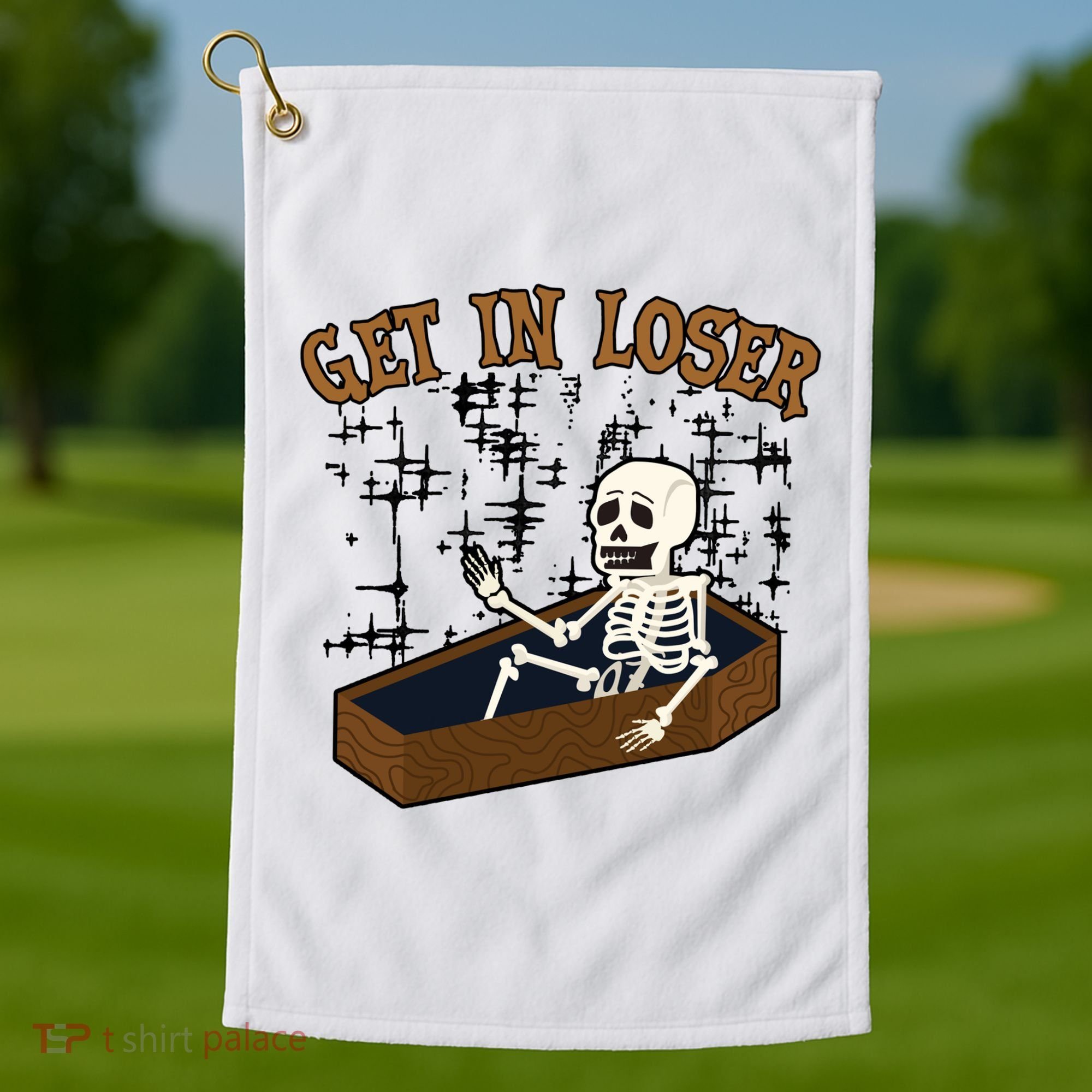 Get In Loser Funny Skeleton Halloween Golf Towel
