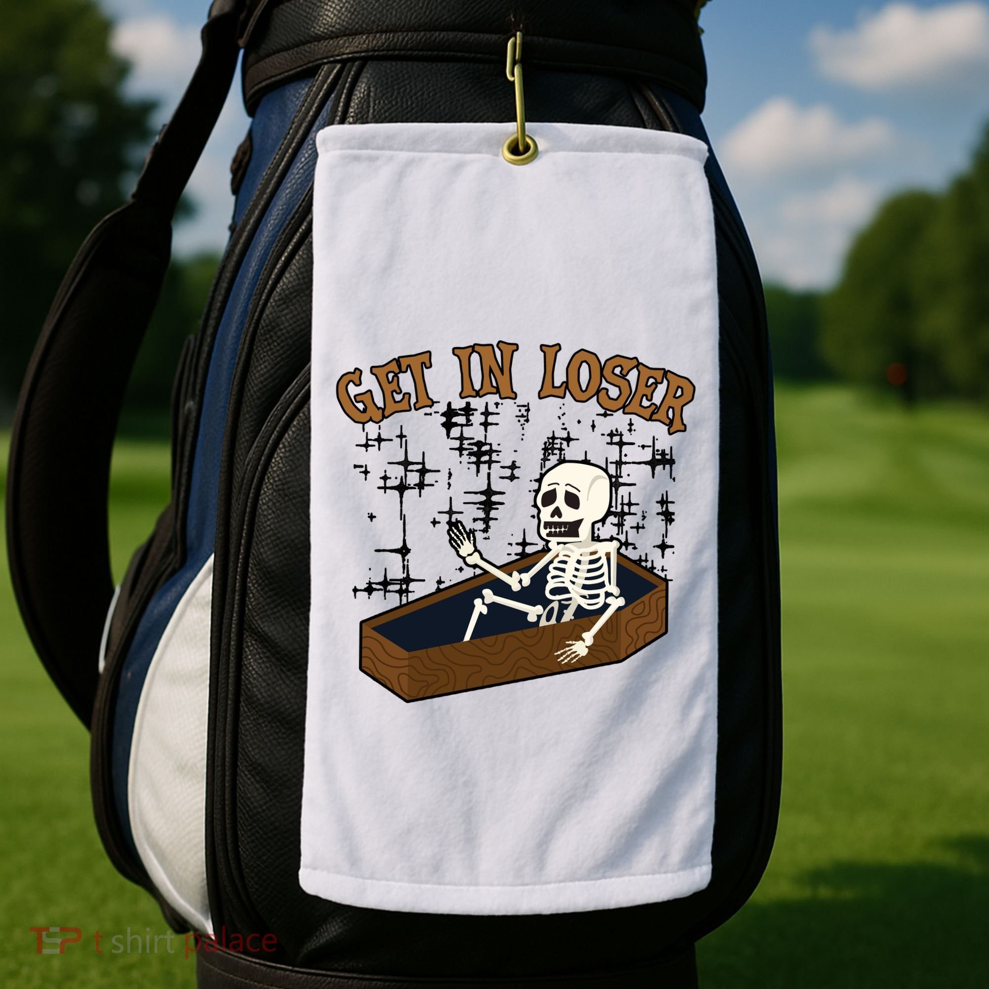 Get In Loser Funny Skeleton Halloween Golf Towel
