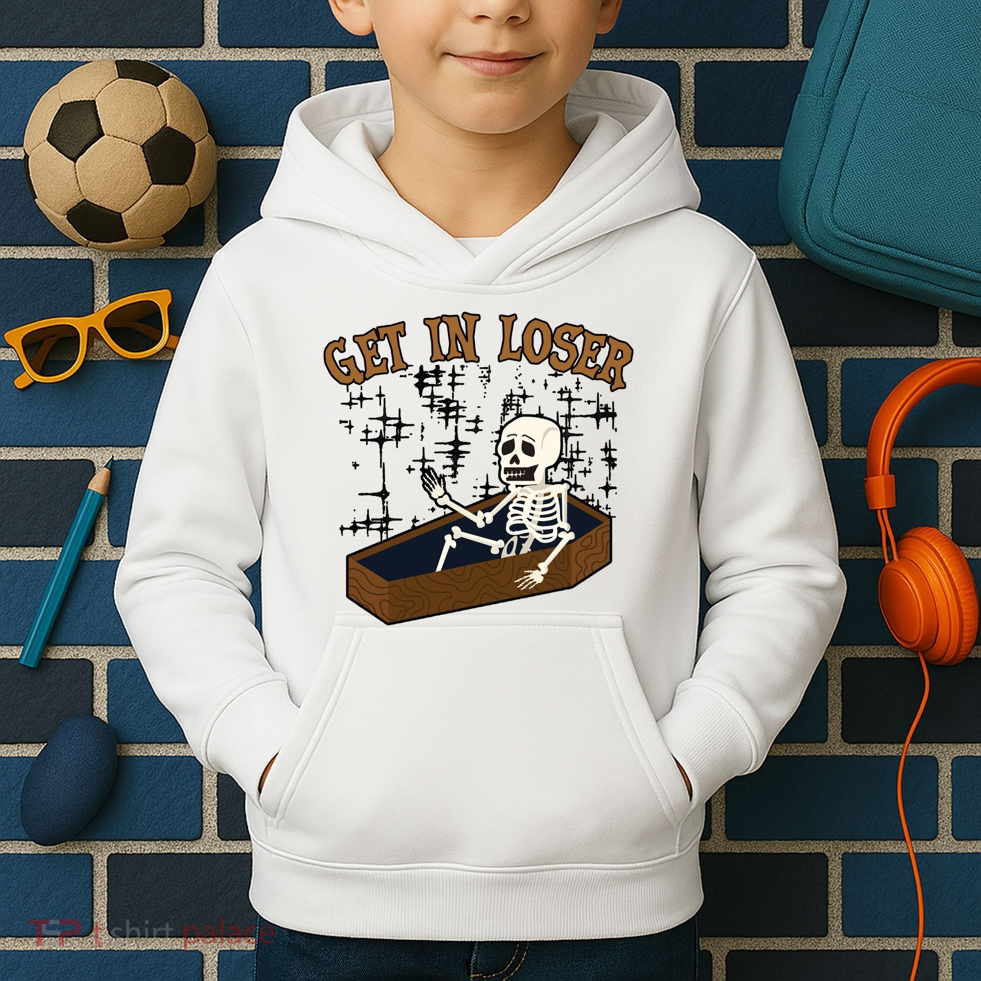 Get In Loser Funny Skeleton Halloween Kids Hoodie