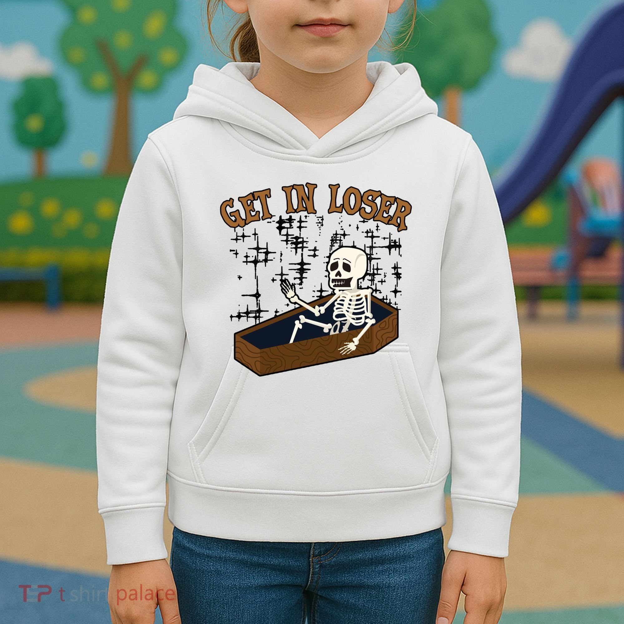 Get In Loser Funny Skeleton Halloween Kids Hoodie