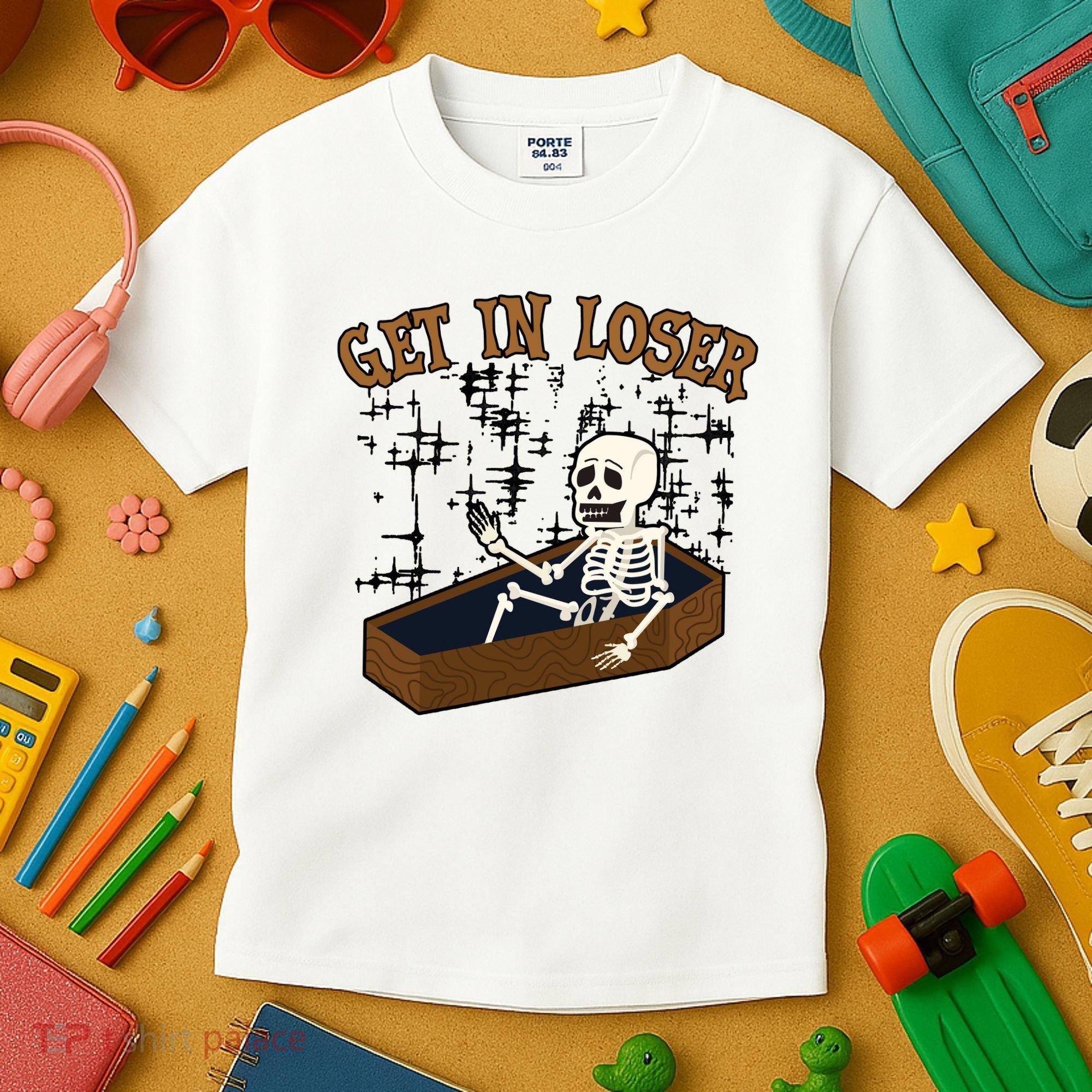 Get In Loser Funny Skeleton Halloween Kids T-Shirt