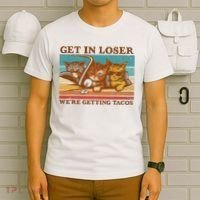 Get In Loser We're Getting Tacos Funny Retro Vintage Cool Cat T-Shirt thumb 6