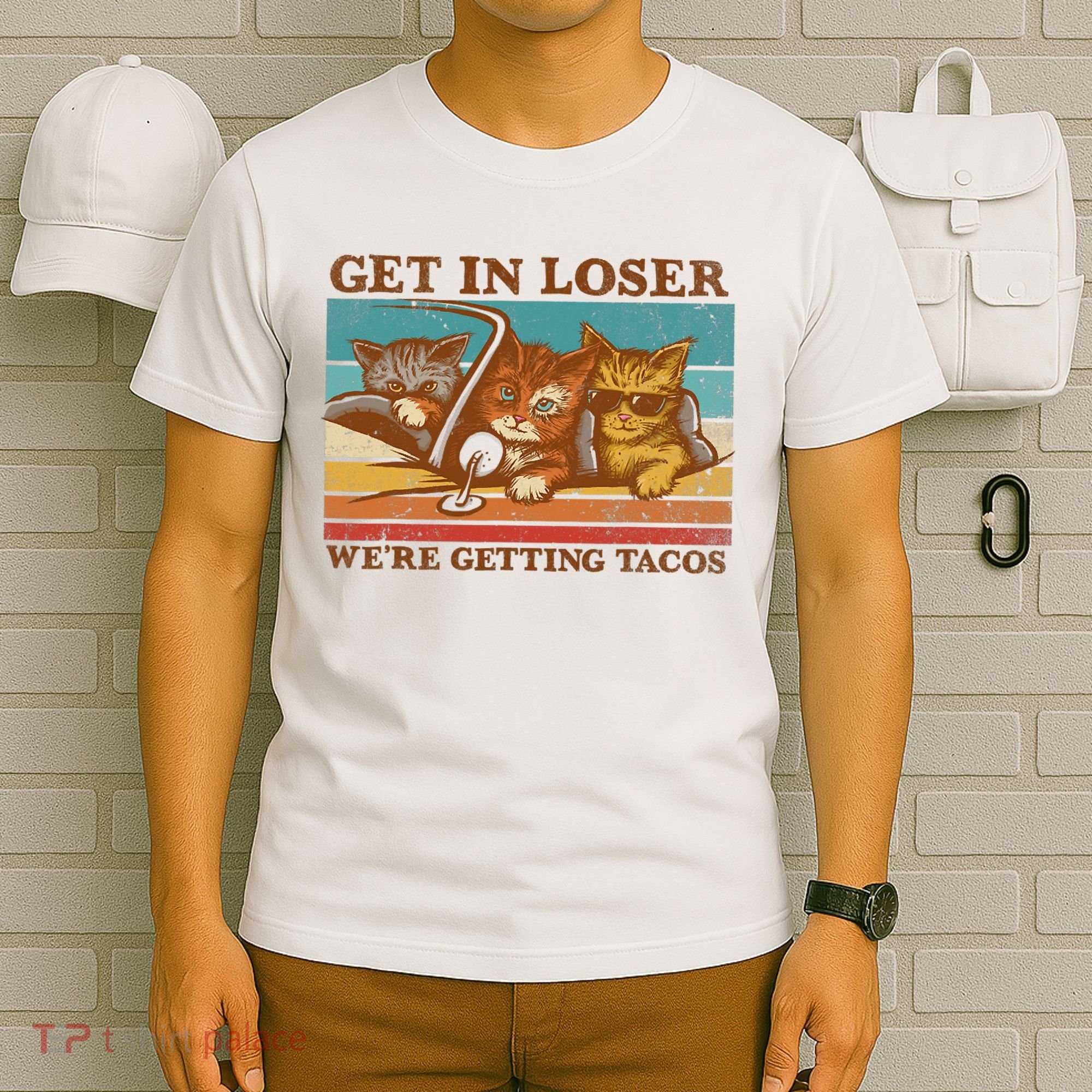 Get In Loser We're Getting Tacos Funny Retro Vintage Cool Cat T-Shirt