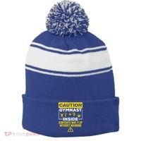 Gymnast Inside May Flip Without Warning Funny Gymnastics Stripe Pom Pom Beanie thumb 0