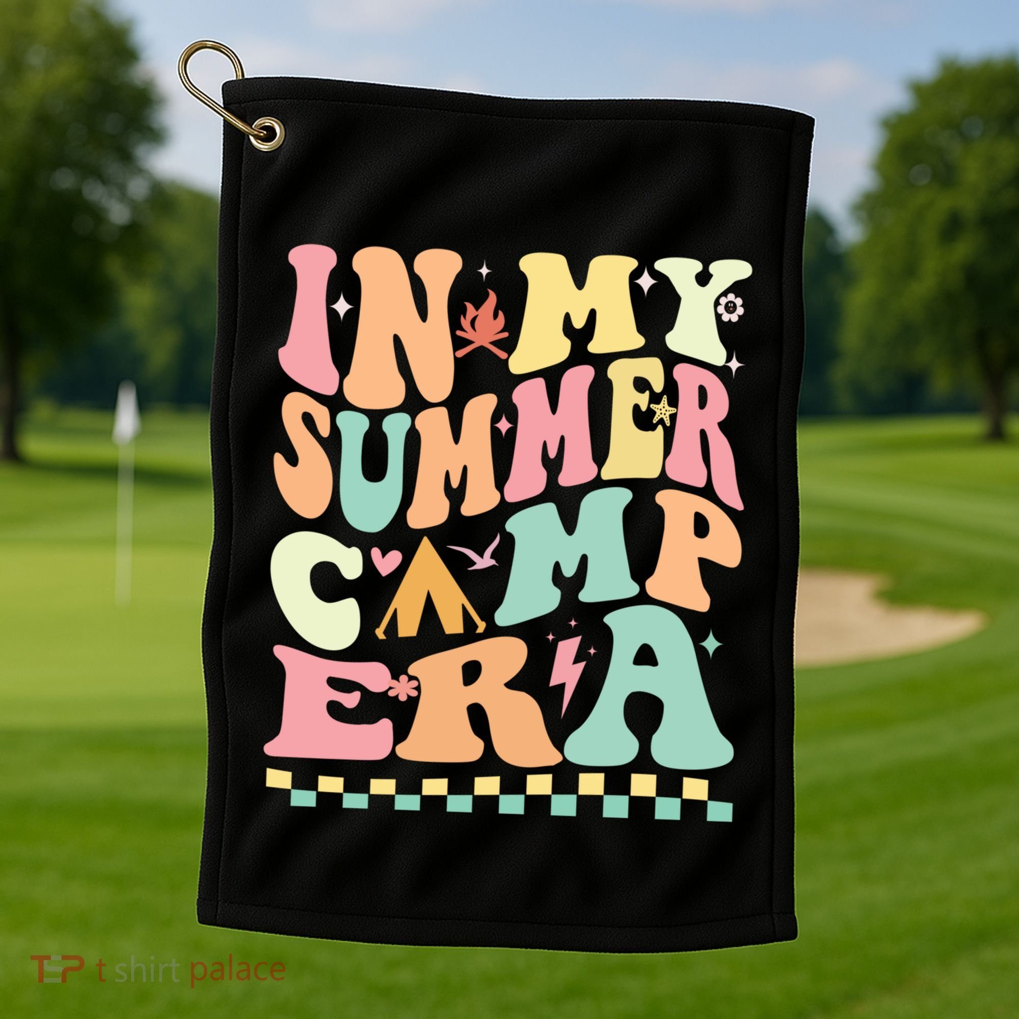 Groovy In My Summer Camp Era Retro Summer Camping Gift Golf Towel