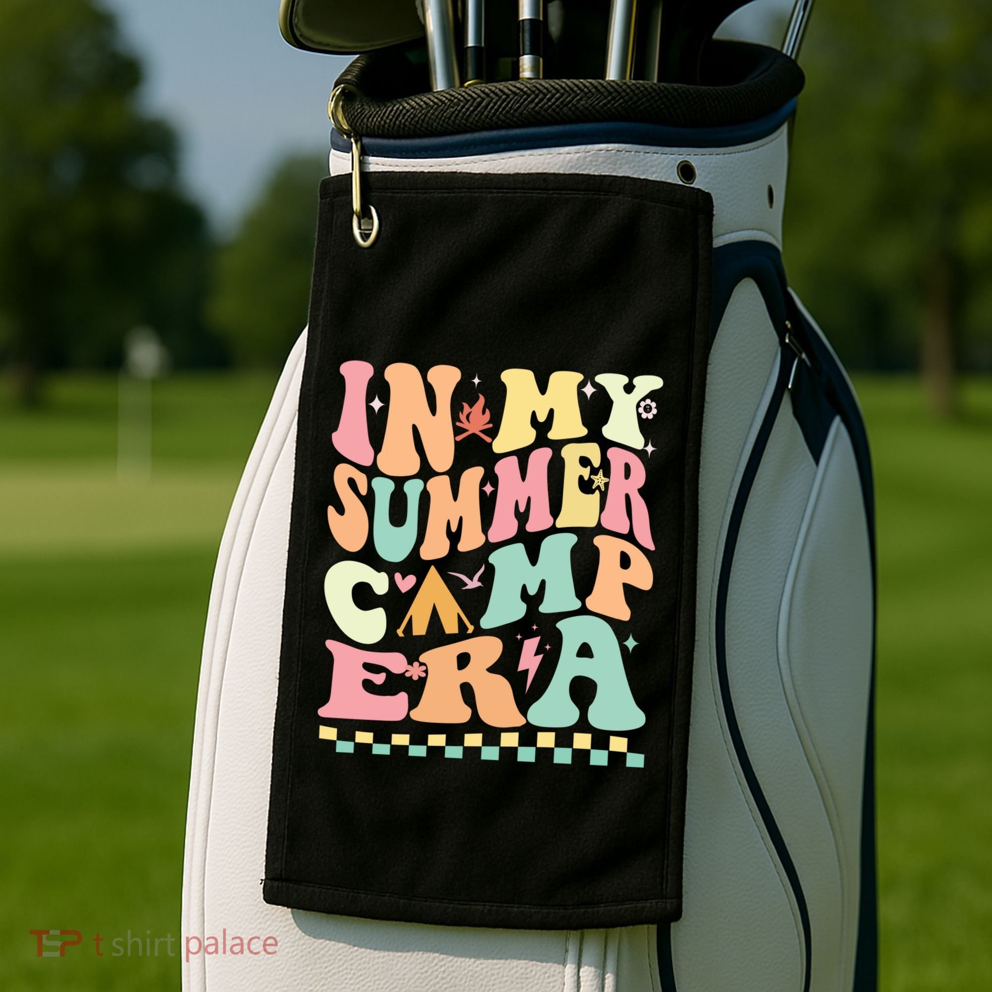 Groovy In My Summer Camp Era Retro Summer Camping Gift Golf Towel