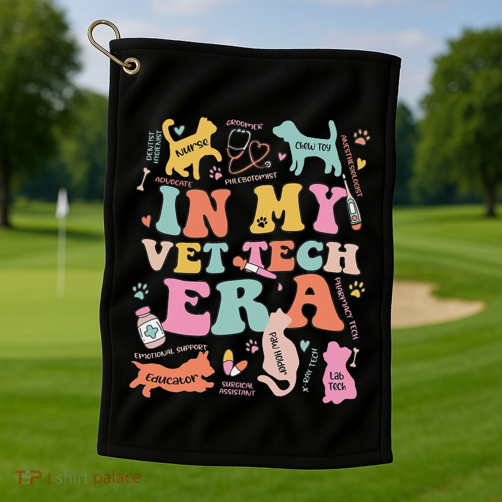 Groovy In My Vet Tech Era Monogrammed Veterinarian Grad Golf Towel
