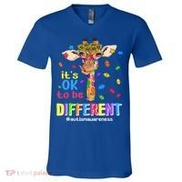Giraffe It's Ok To Be Different Autism Awareness Acceptance Cute Gift V-Neck T-Shirt thumb 0