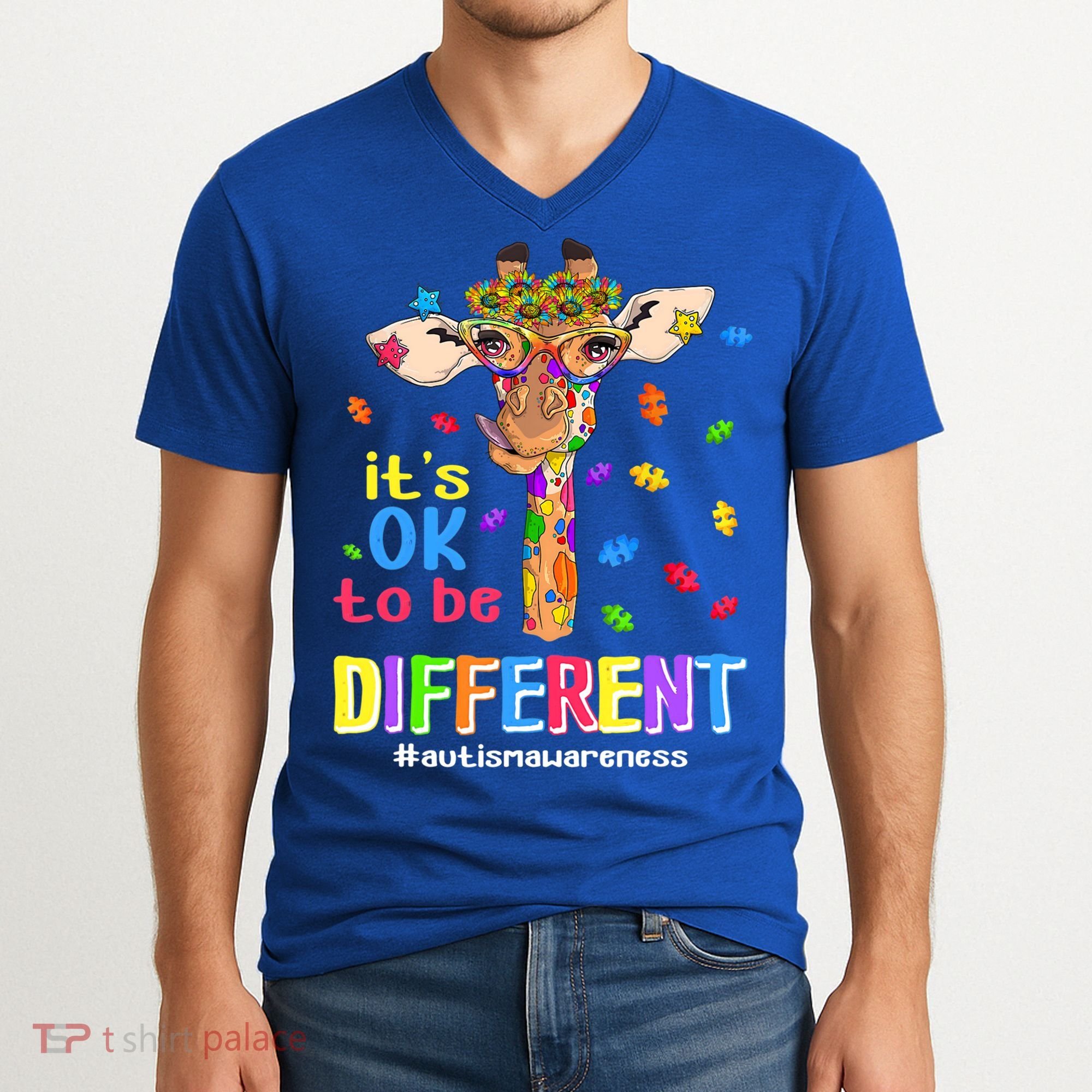 Giraffe It's Ok To Be Different Autism Awareness Acceptance Cute Gift V-Neck T-Shirt