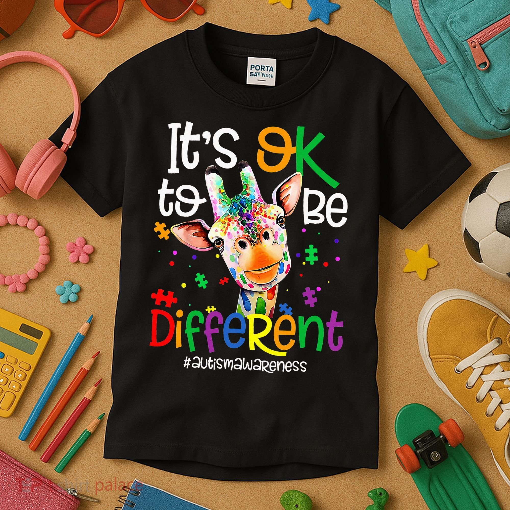 giraffe its okay to be different ASD Awareness Kids T-Shirt