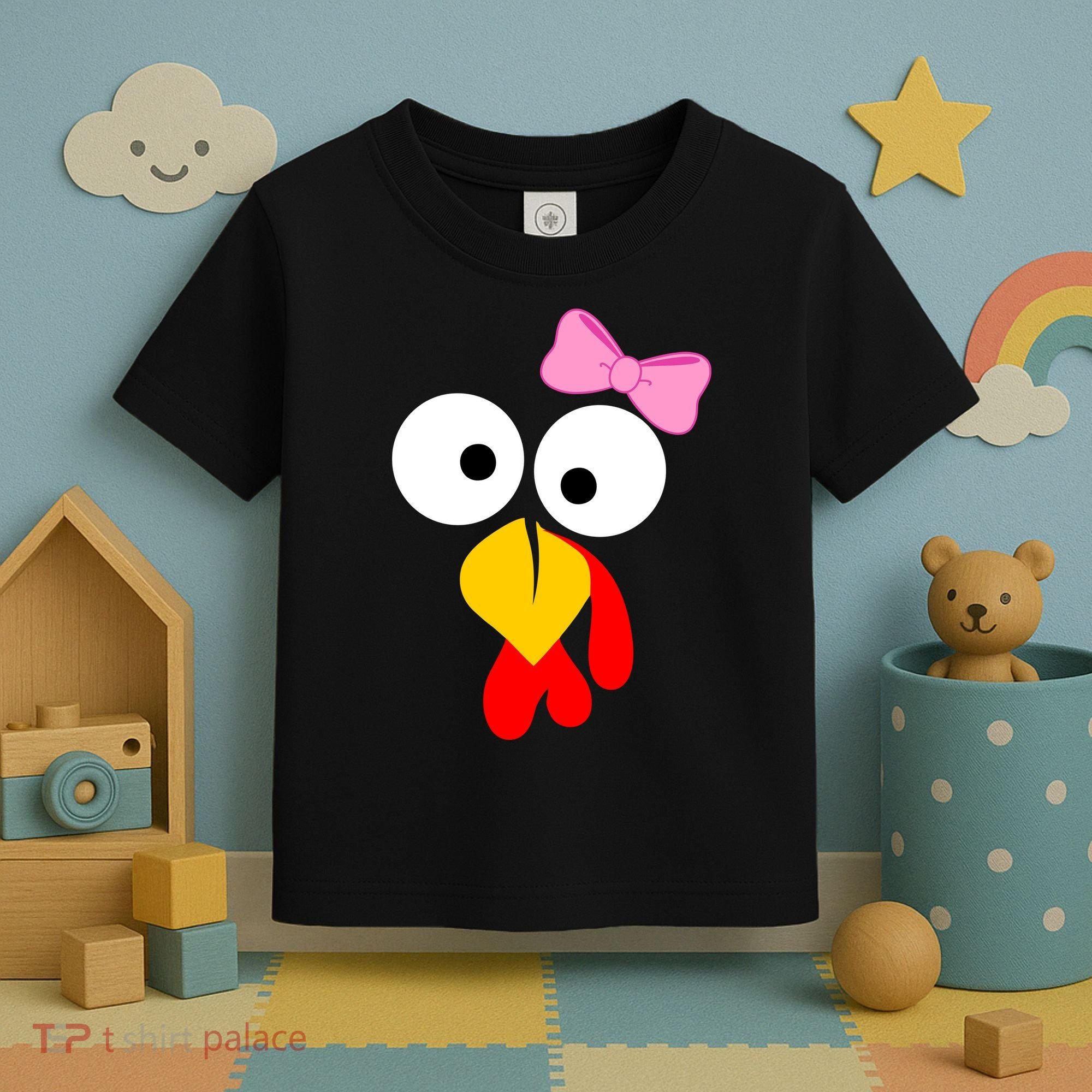 Girl Turkey Face Pink Bow Thanksgiving Day Toddler T-Shirt