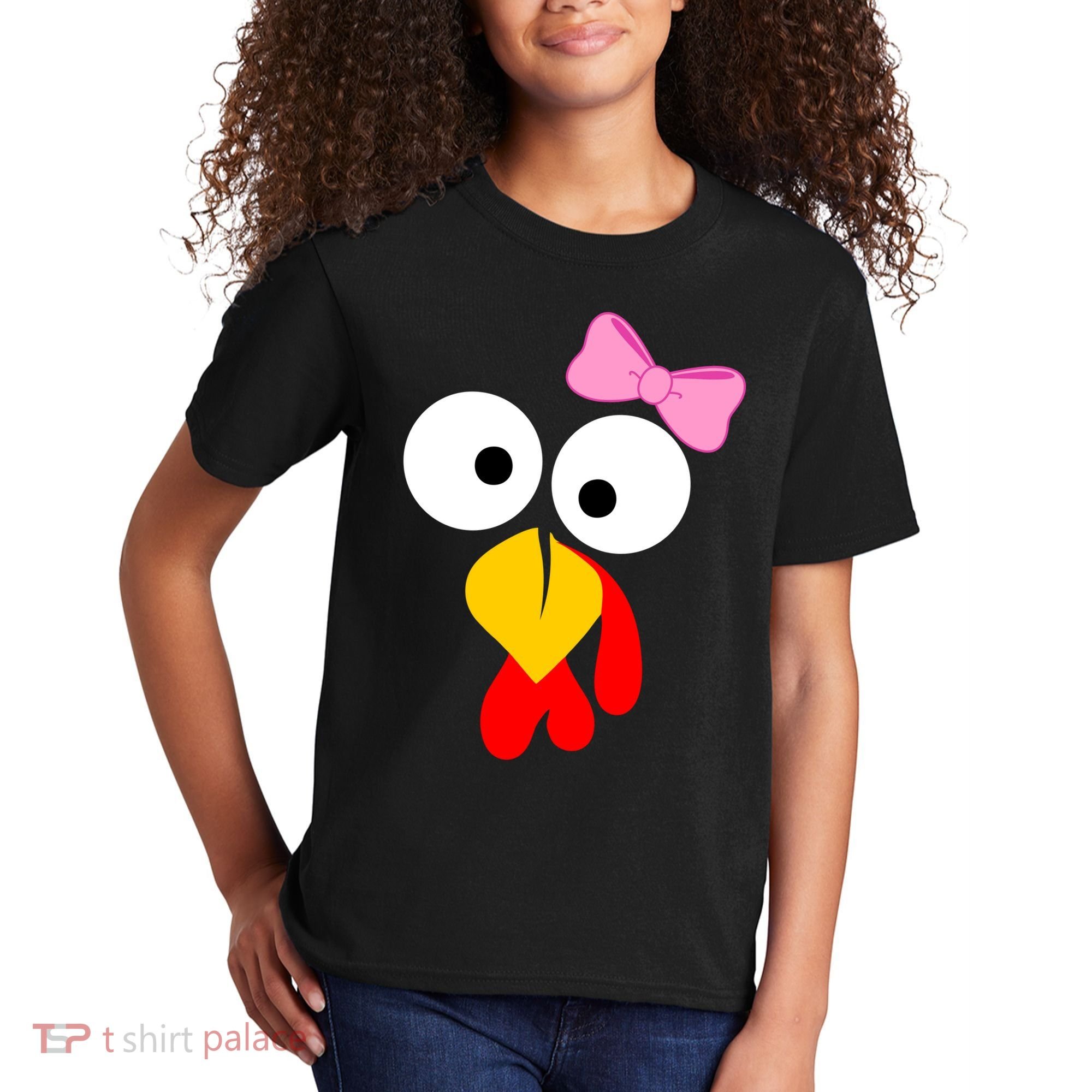 Girl Turkey Face Pink Bow Thanksgiving Day Kids T-Shirt