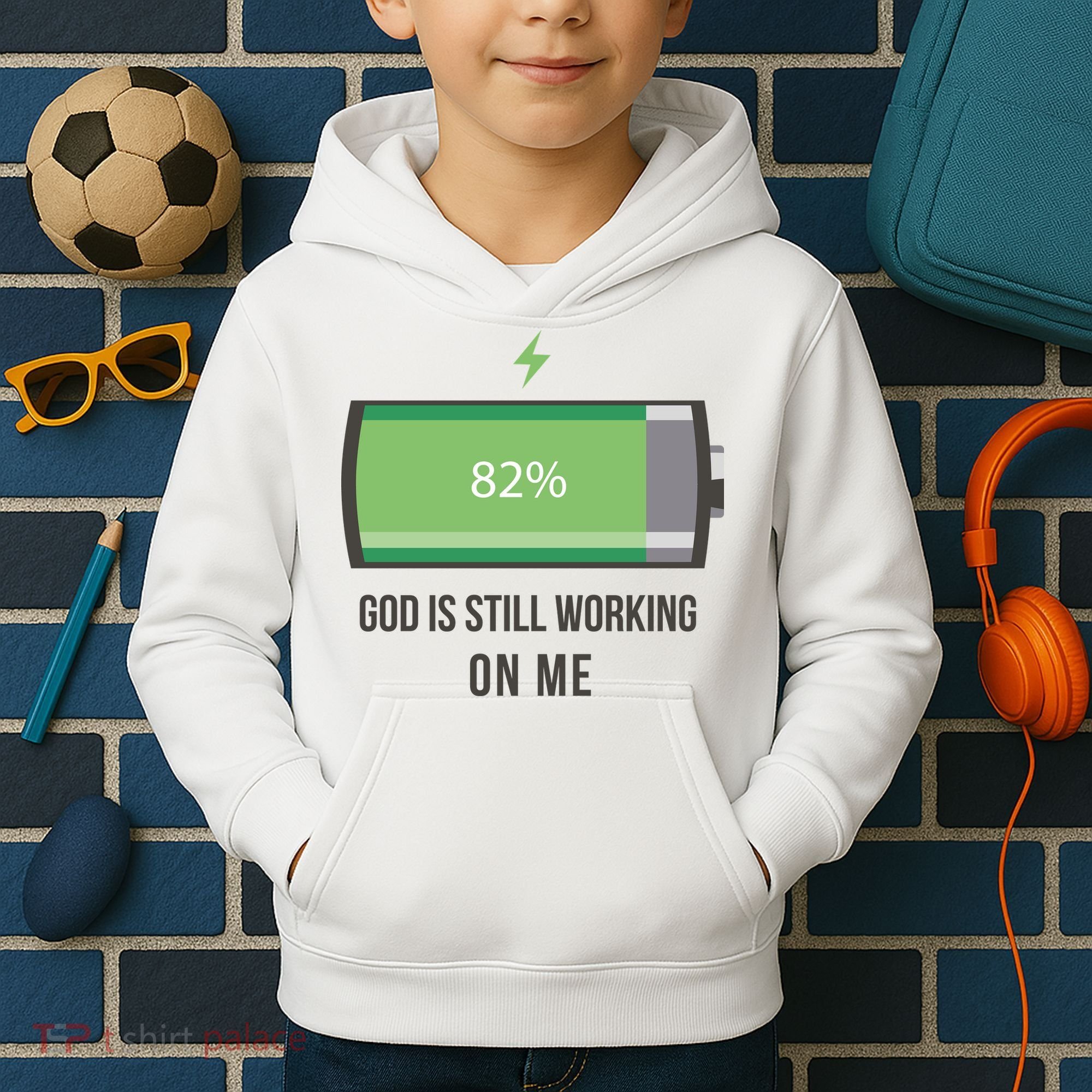 God Is Still Working On Me Battery Loading Kids Hoodie