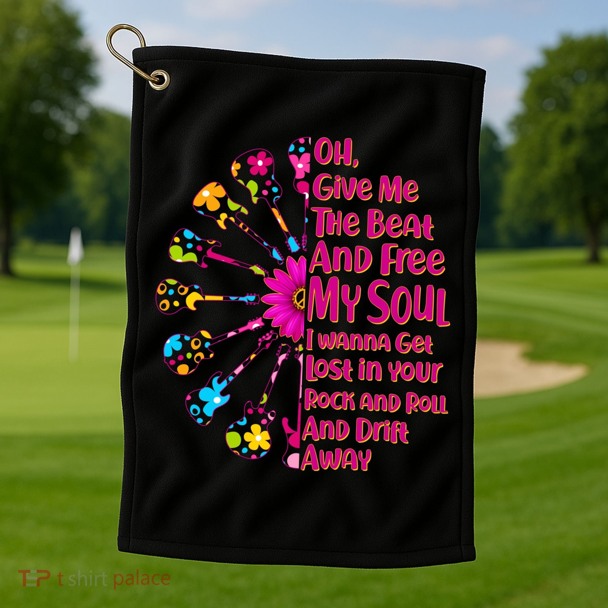 Give Me The Beat Hippie Guitars Golf Towel
