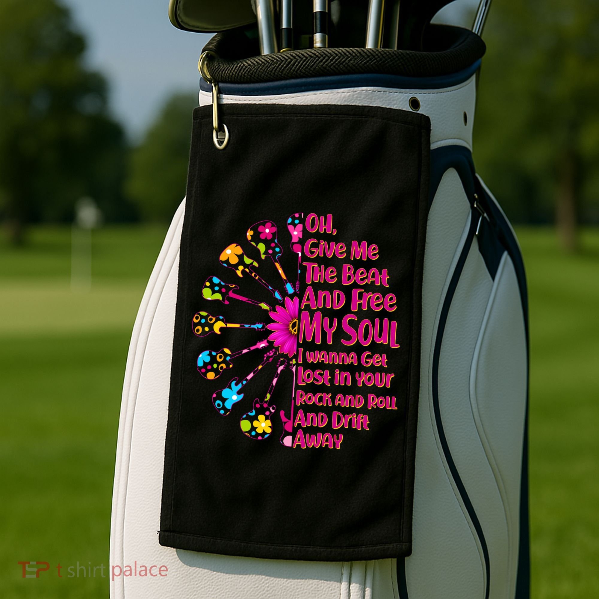 Give Me The Beat Hippie Guitars Golf Towel