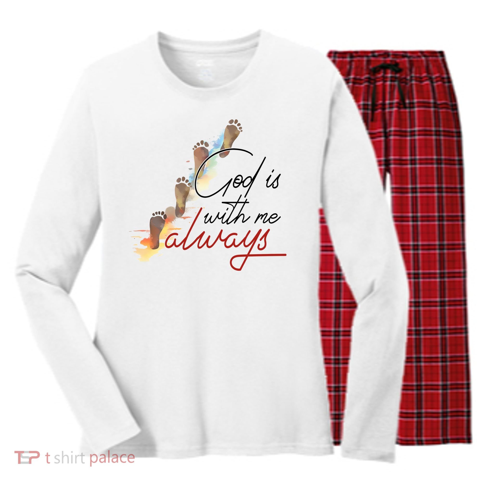 God Is With Me Always Footsteps Women's Long Sleeve Flannel Pajama Set 