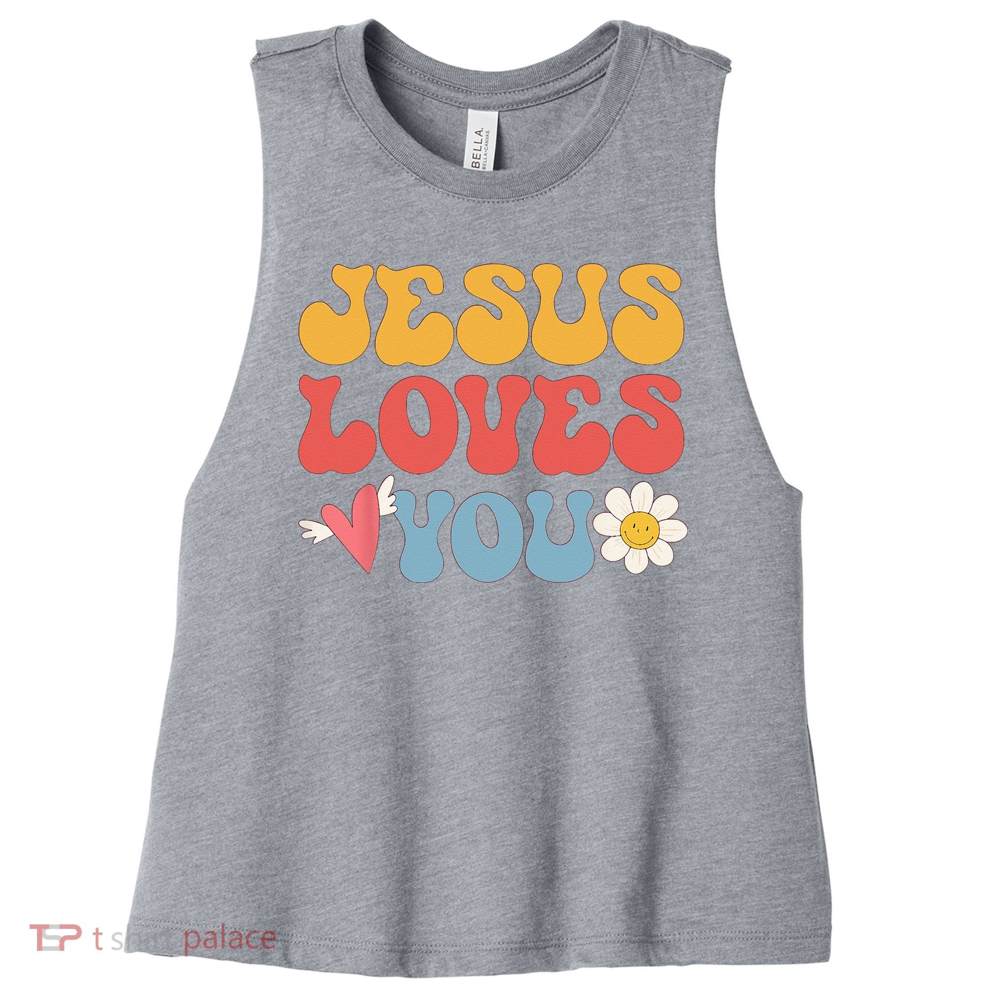 Groovy Jesus Loves You Christian 70s Hippie Women's Racerback Cropped Tank