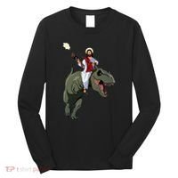 Gun Jesus Riding A Trex Dinosaur Funny Christian Dino Lover Long Sleeve Shirt thumb 0