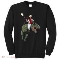Gun Jesus Riding A Trex Dinosaur Funny Christian Dino Lover Sweatshirt thumb 0