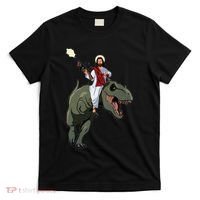 Gun Jesus Riding A Trex Dinosaur Funny Christian Dino Lover T-Shirt thumb 0