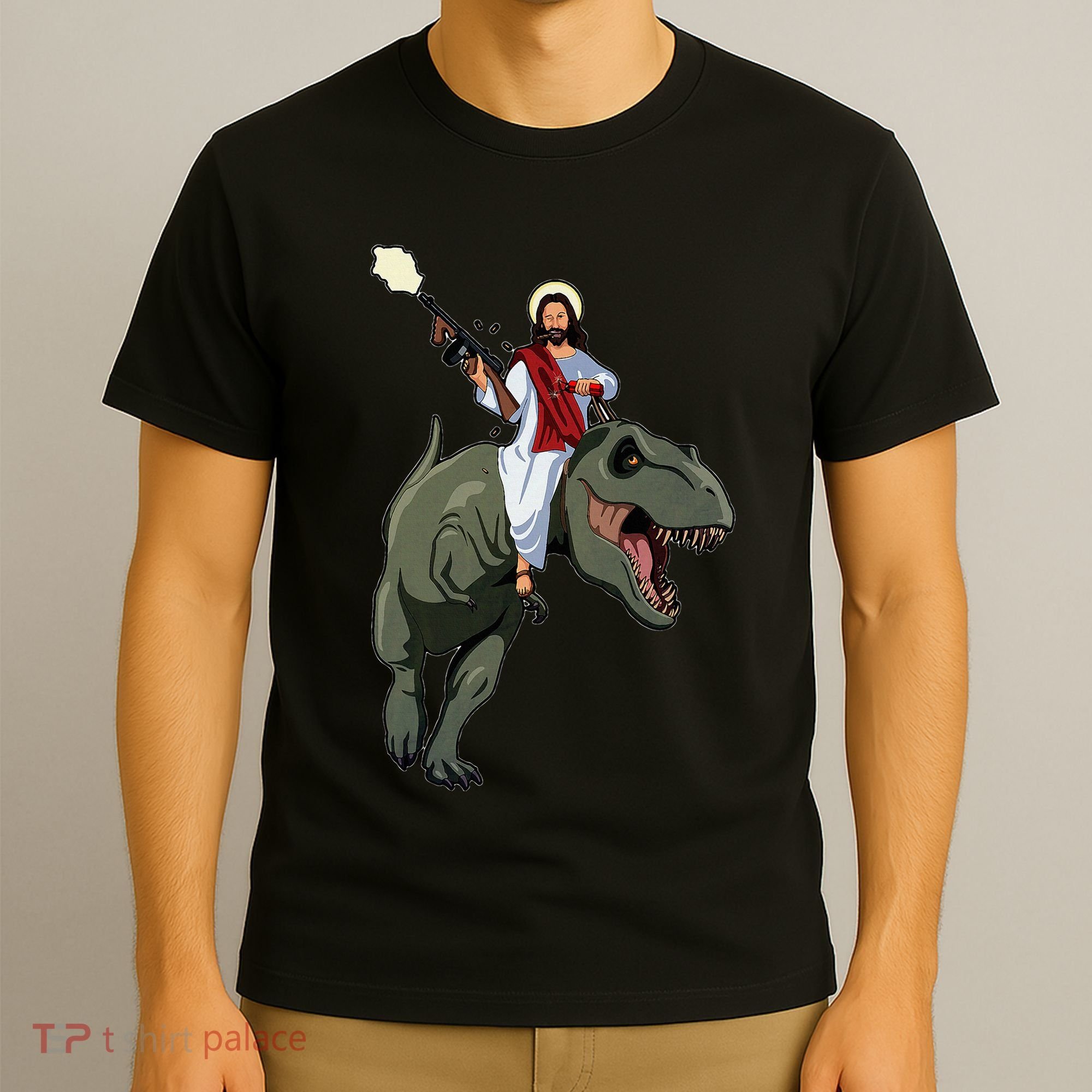 Gun Jesus Riding A Trex Dinosaur Funny Christian Dino Lover T-Shirt