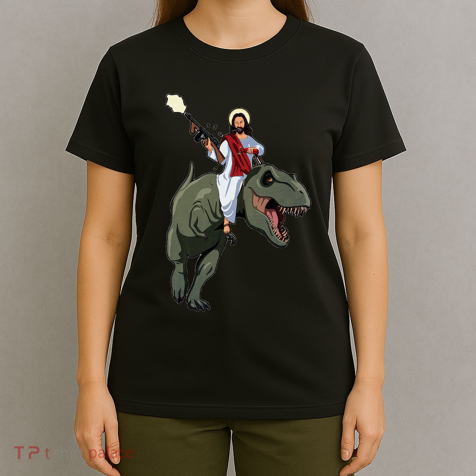 Gun Jesus Riding A Trex Dinosaur Funny Christian Dino Lover T-Shirt