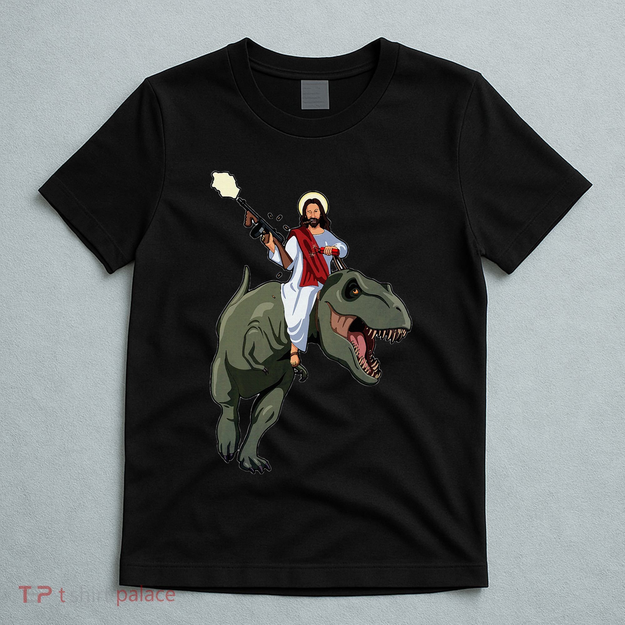 Gun Jesus Riding A Trex Dinosaur Funny Christian Dino Lover T-Shirt