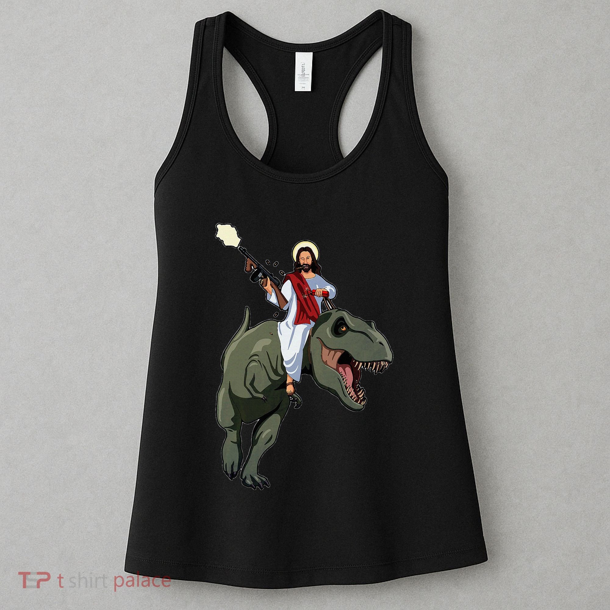 Gun Jesus Riding A Trex Dinosaur Funny Christian Dino Lover Women's Tank Top