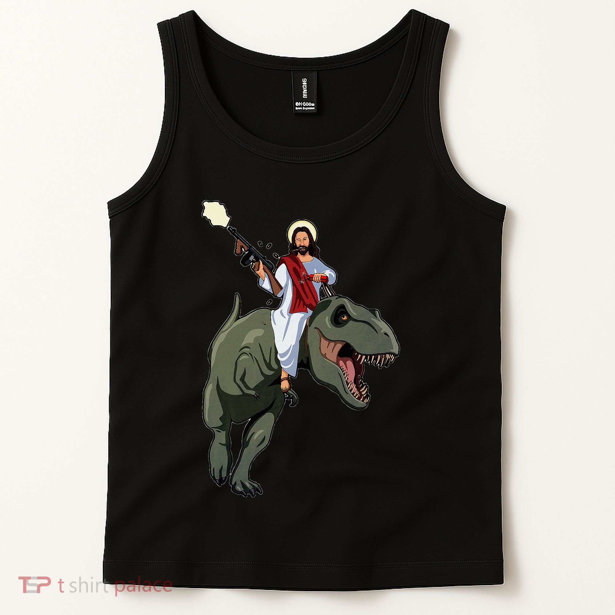 Gun Jesus Riding A Trex Dinosaur Funny Christian Dino Lover Tank Top