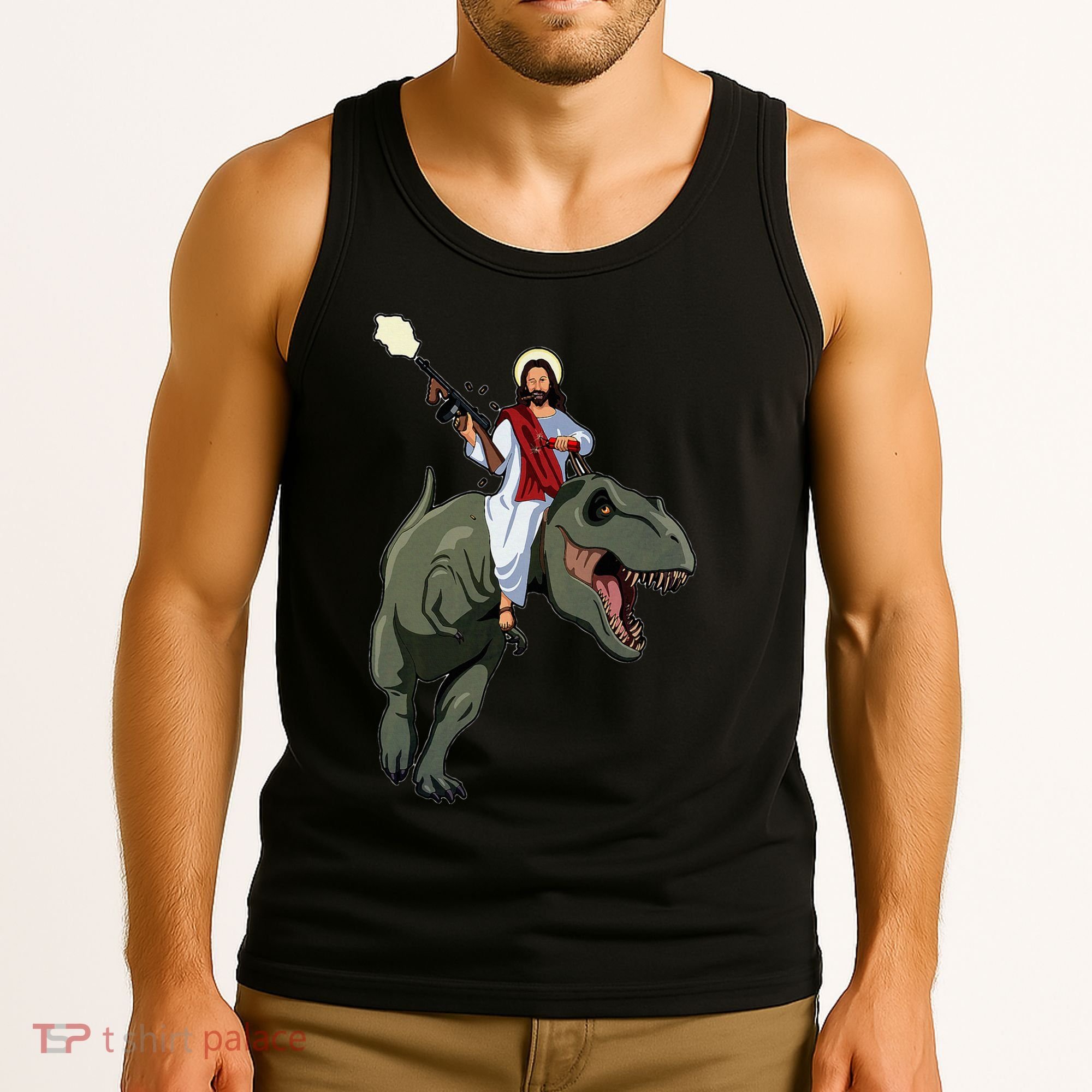 Gun Jesus Riding A Trex Dinosaur Funny Christian Dino Lover Tank Top