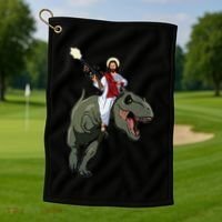 Gun Jesus Riding A Trex Dinosaur Funny Christian Dino Lover Golf Towel thumb 1