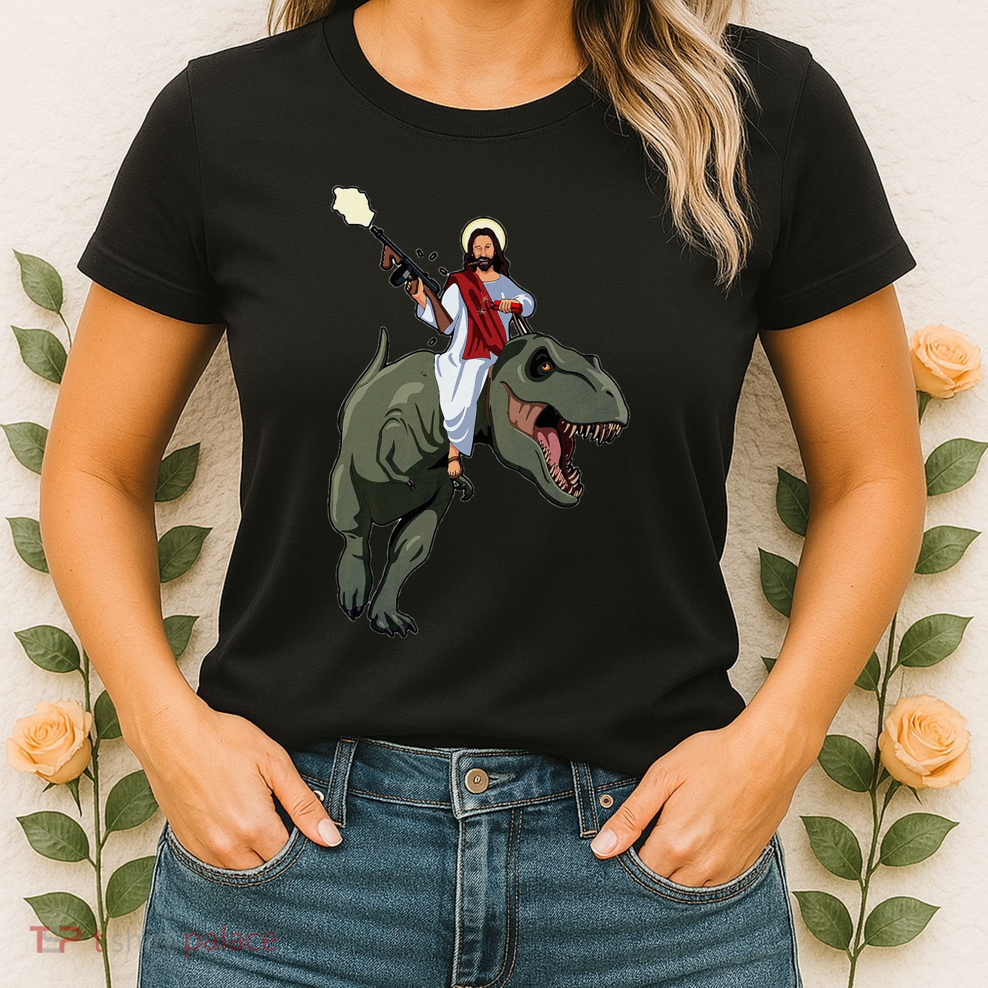 Gun Jesus Riding A Trex Dinosaur Funny Christian Dino Lover Women's T-Shirt