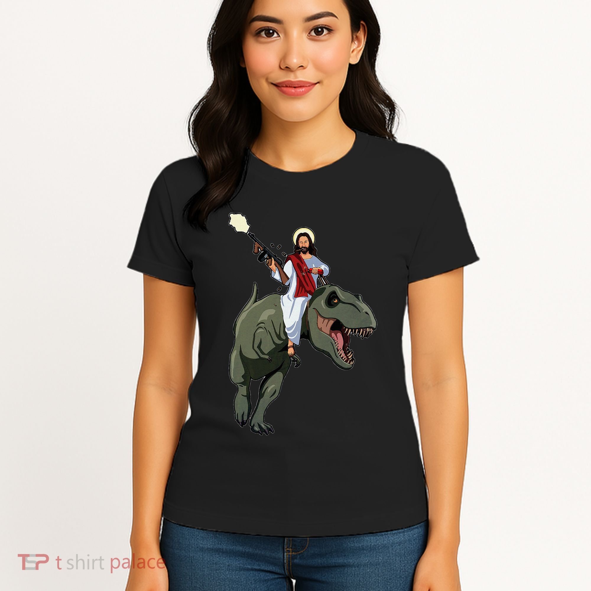 Gun Jesus Riding A Trex Dinosaur Funny Christian Dino Lover Women's T-Shirt