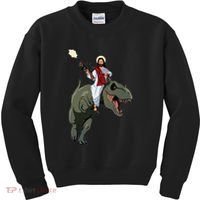 Gun Jesus Riding A Trex Dinosaur Funny Christian Dino Lover Kids Sweatshirt thumb 0