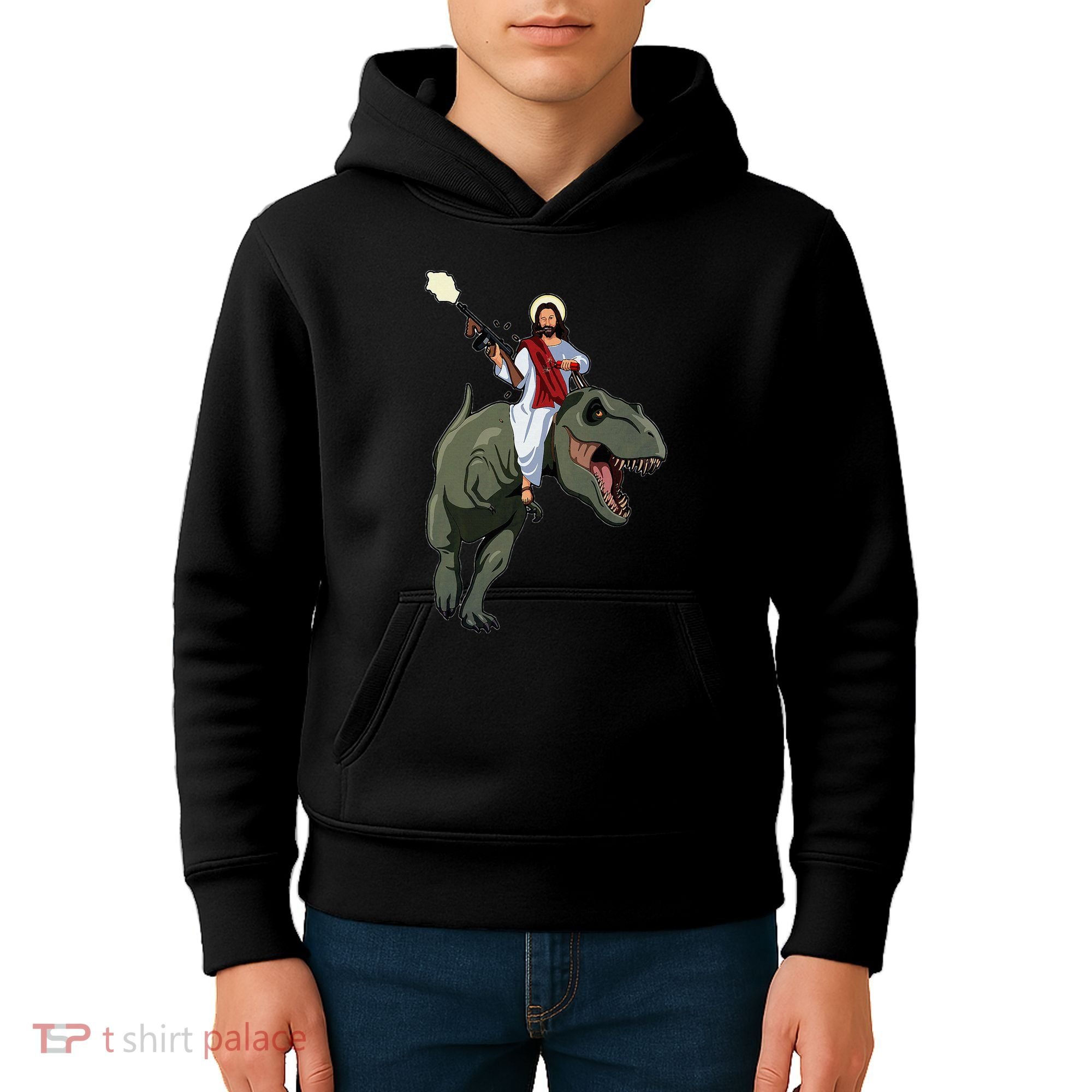Gun Jesus Riding A Trex Dinosaur Funny Christian Dino Lover Kids Hoodie
