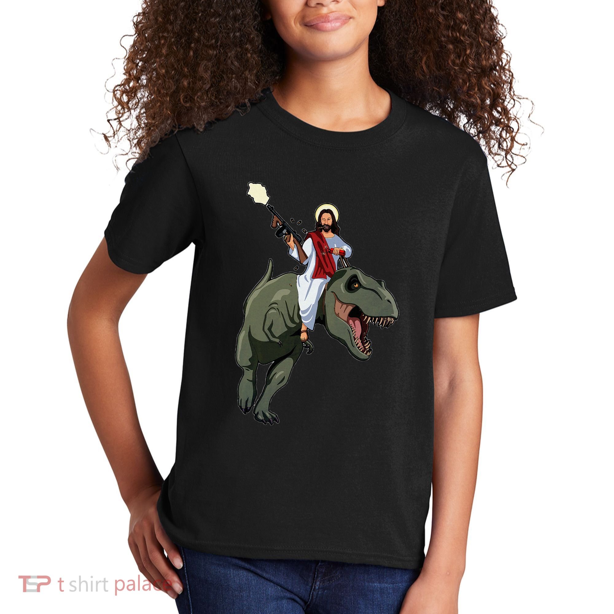 Gun Jesus Riding A Trex Dinosaur Funny Christian Dino Lover Kids T-Shirt