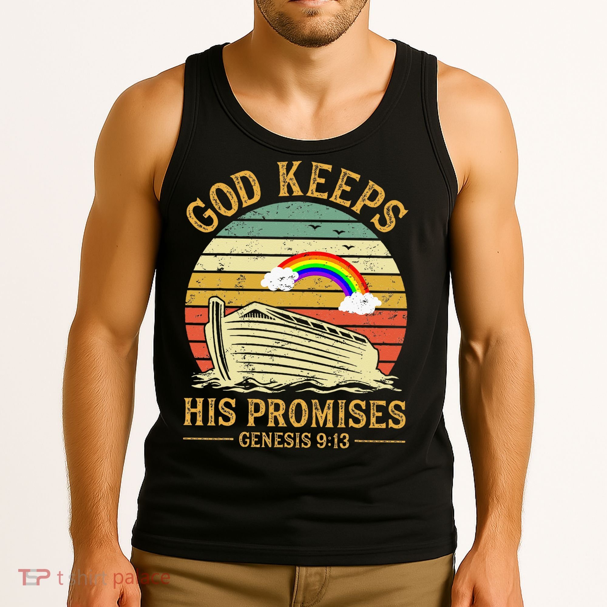 God Keeps His Promises Rainbow Noah Ark Jesus Christian Tank Top
