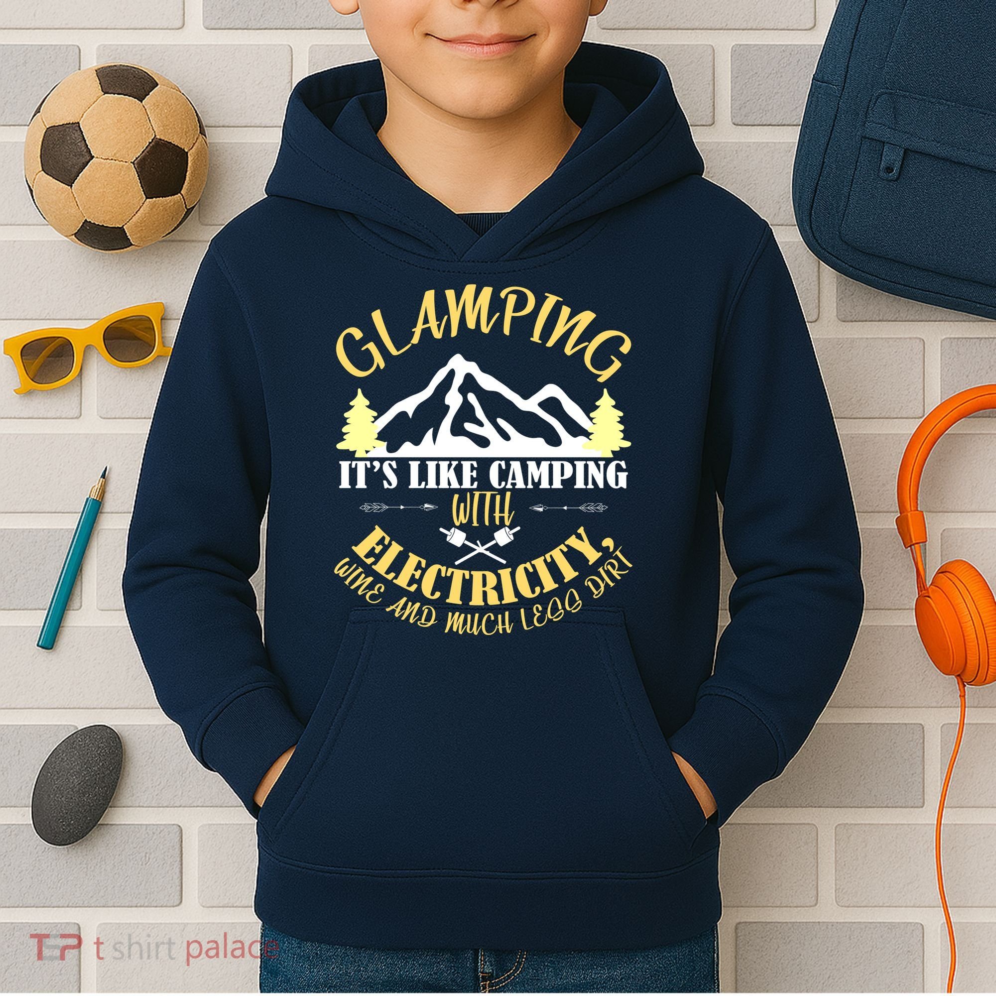 Glamping Like Camping With Electricity Wine Less Dirt Kids Hoodie
