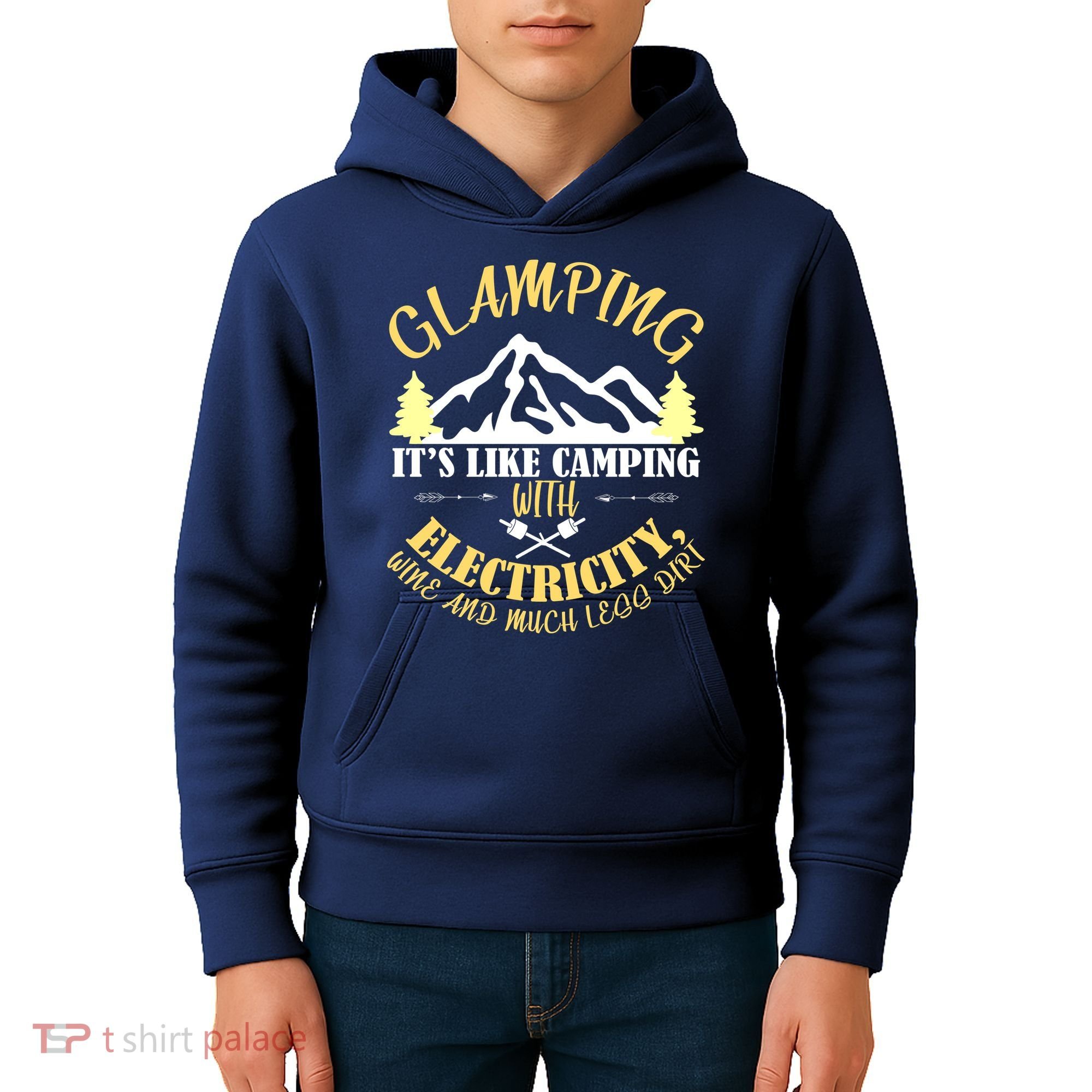 Glamping Like Camping With Electricity Wine Less Dirt Kids Hoodie
