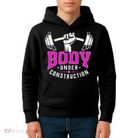 Gym Lovers Body Under Construction Workout Related Gym Rats Kids Hoodie thumb 4