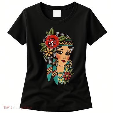 Gypsy Lady Head American Traditional Tattoo Design Women's T-Shirt
