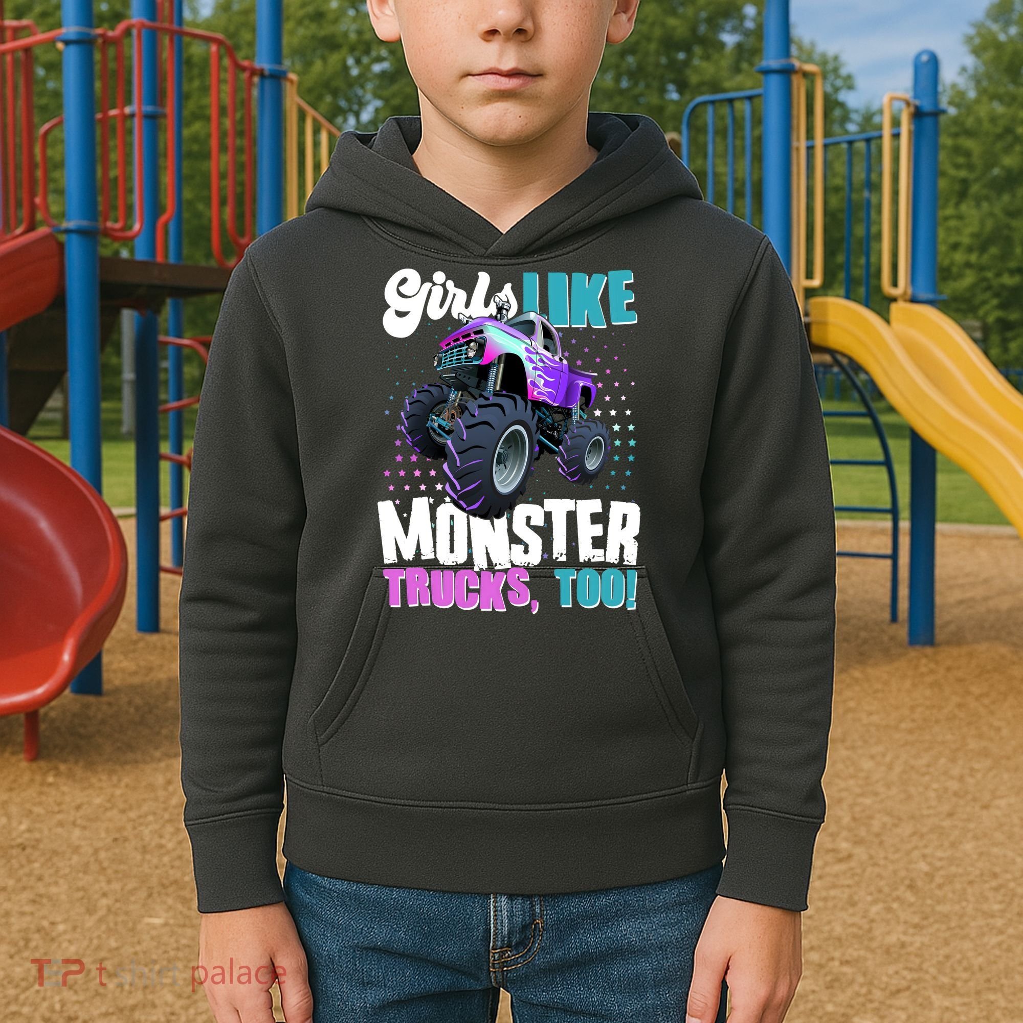 Girls Like Monster Trucks Too! Kids Hoodie