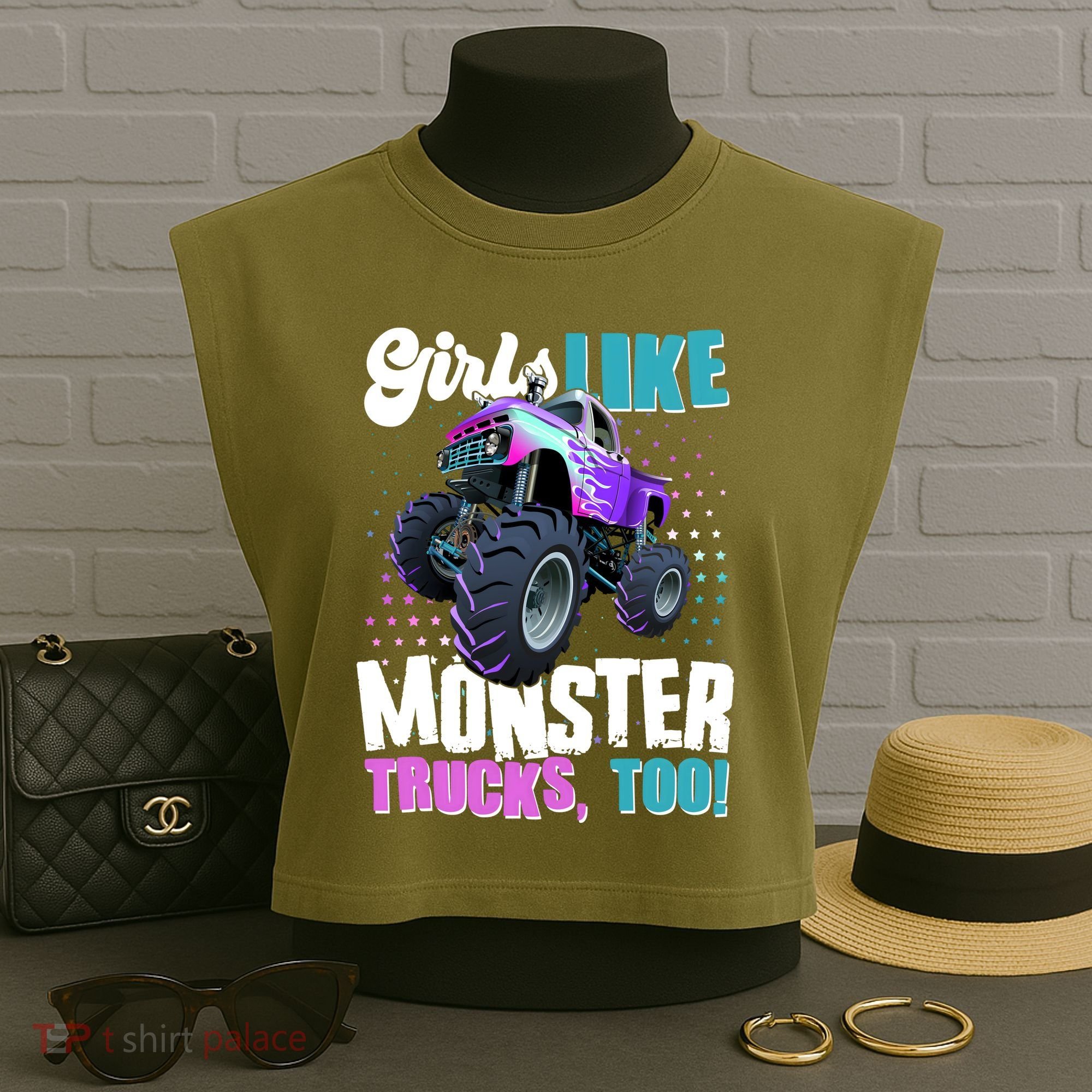 Girls Like Monster Trucks Too! Garment-Dyed Women's Muscle Tee
