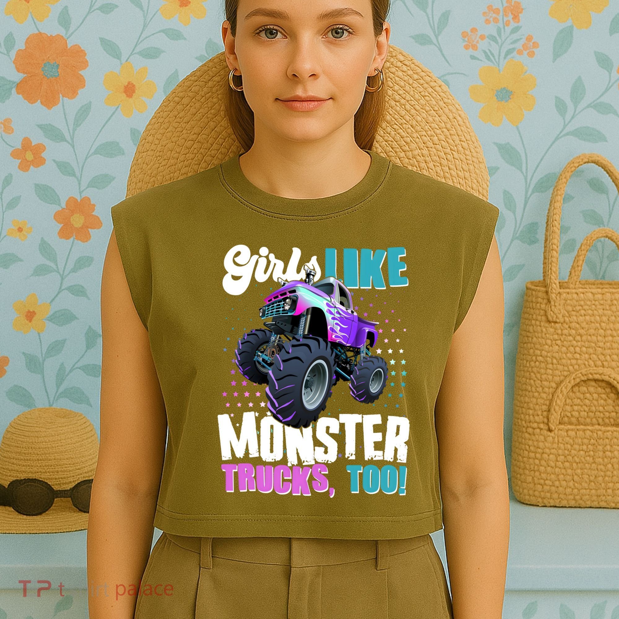 Girls Like Monster Trucks Too! Garment-Dyed Women's Muscle Tee
