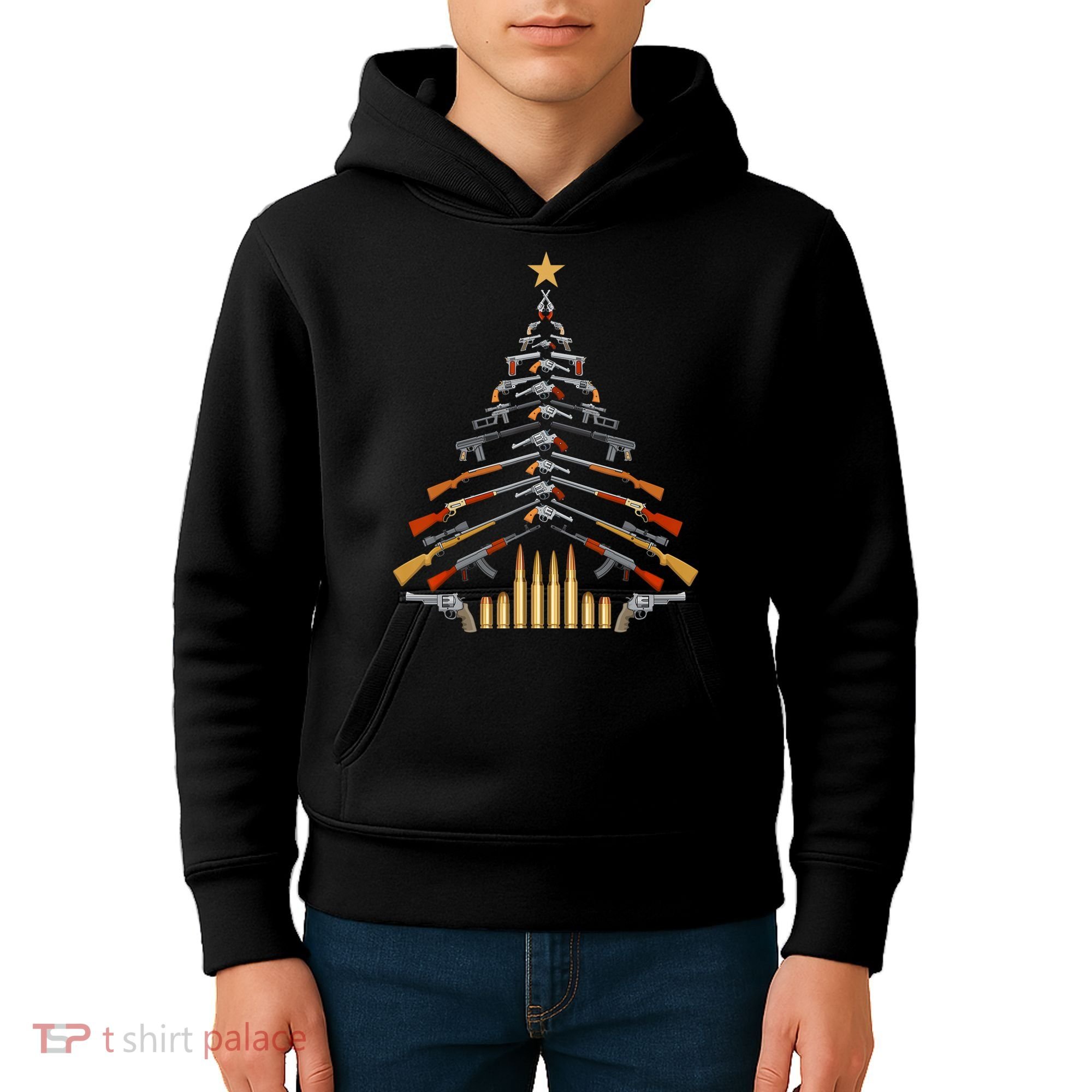 Gun Lovers Military Veteran Holiday Guns Christmas Tree Kids Hoodie
